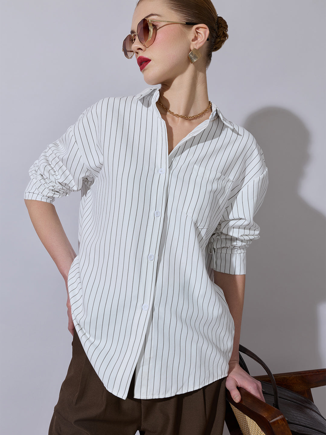 Women's Pinstriped White Button-Down Shirt