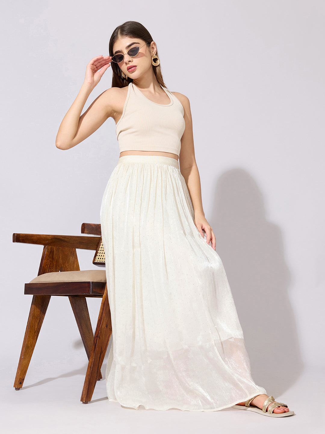 Women's Cream Shimmer Maxi Skirt