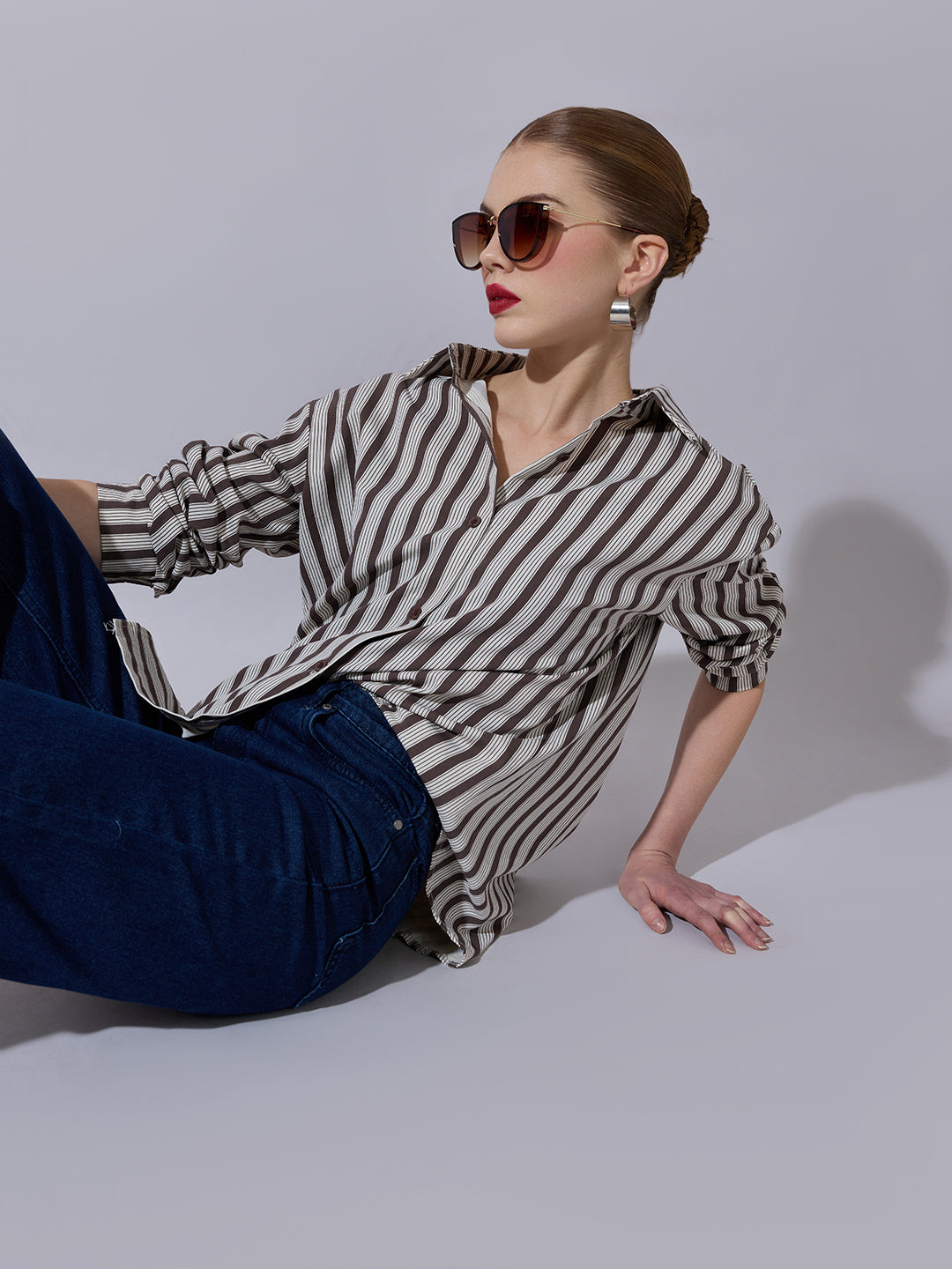 Women's Striped Brown Button-Down Shirt