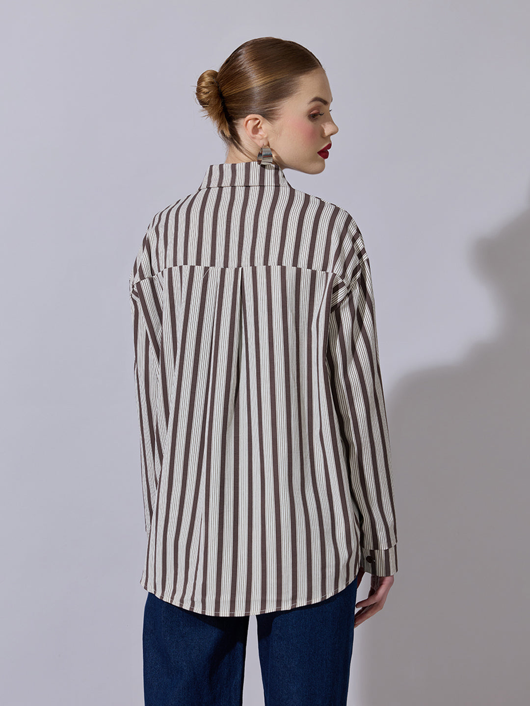 Women's Striped Brown Button-Down Shirt