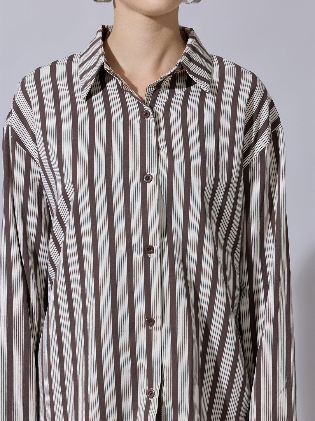 Women's Striped Brown Button-Down Shirt