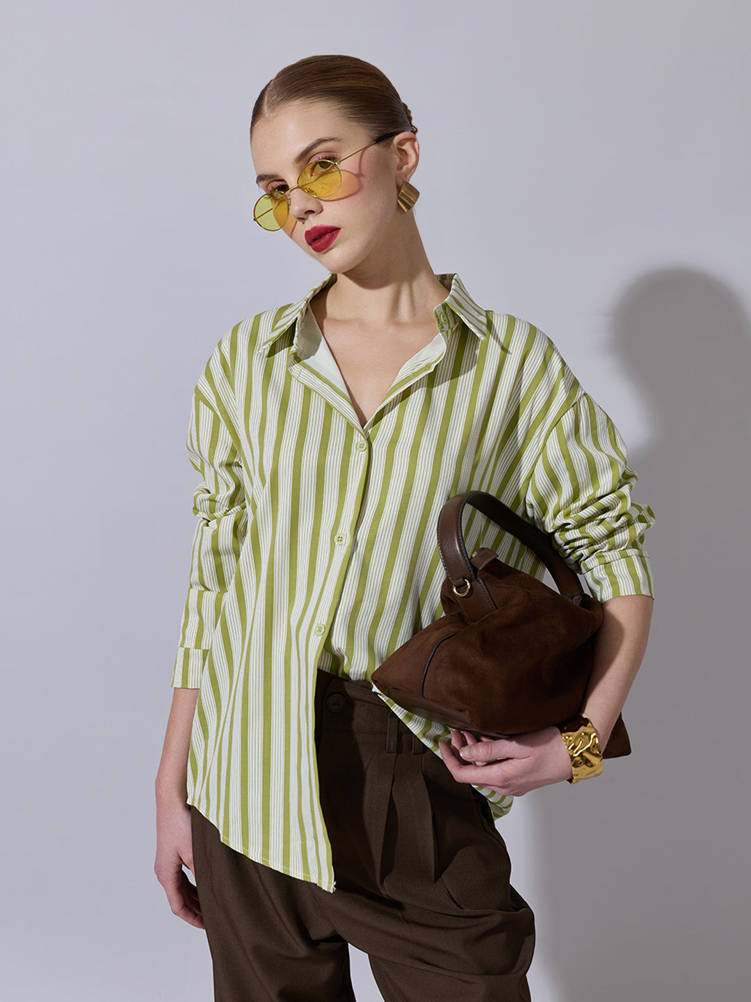 Women's Striped Green Button-Down Shirt