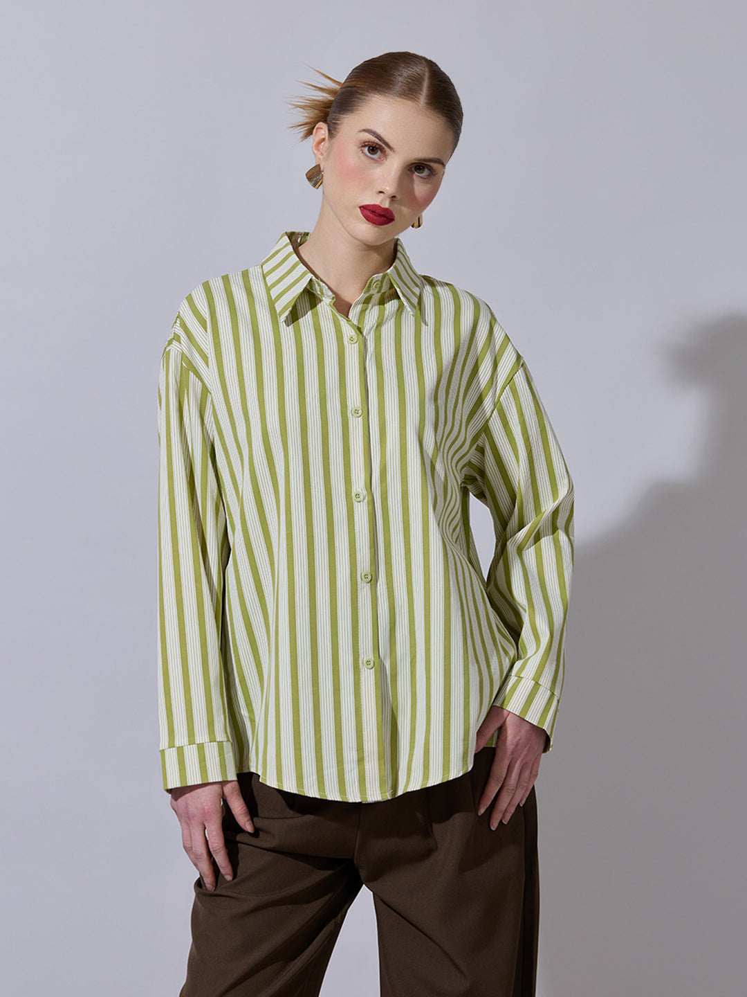 Women's Striped Green Button-Down Shirt