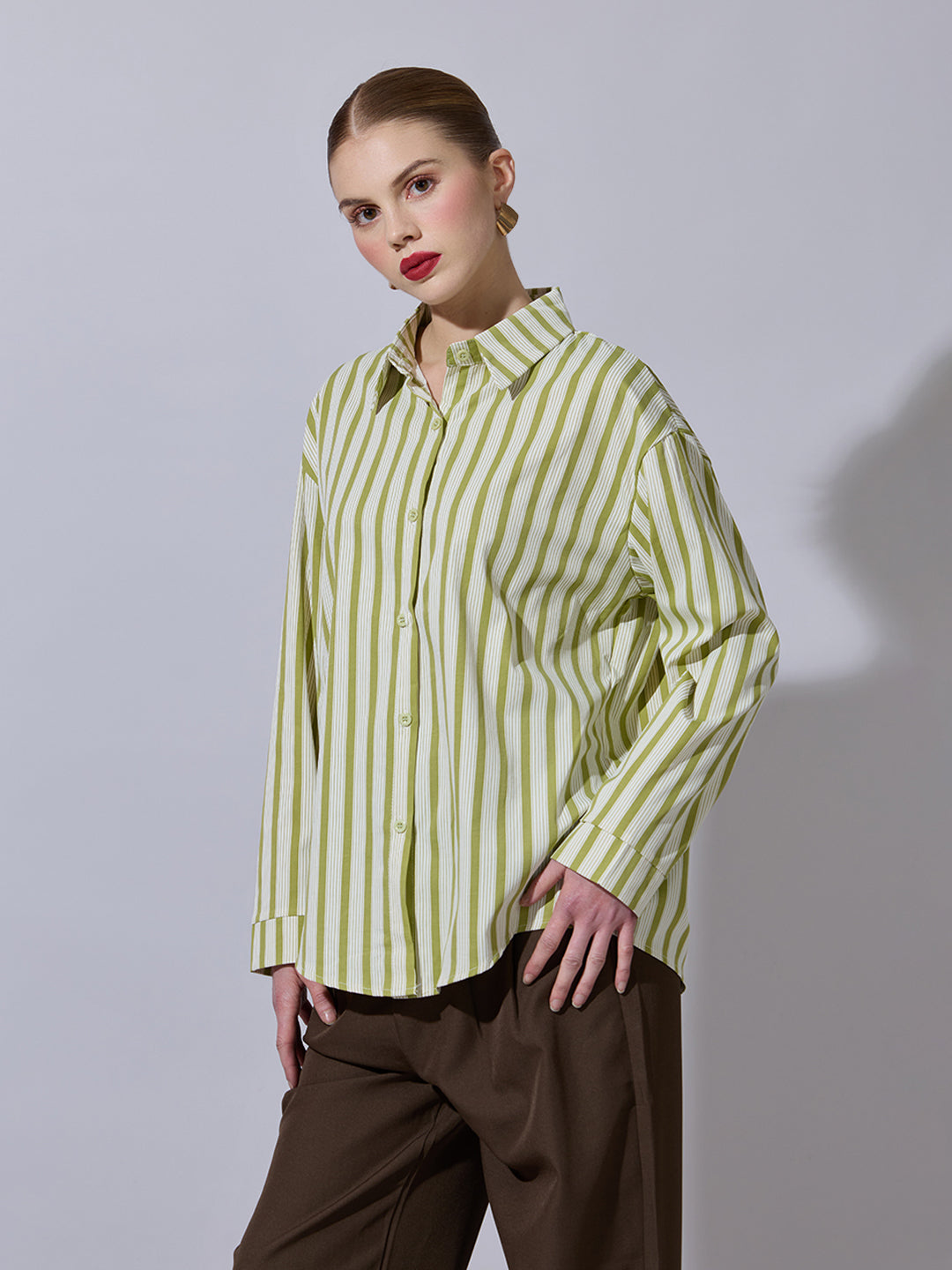 Women's Striped Green Button-Down Shirt