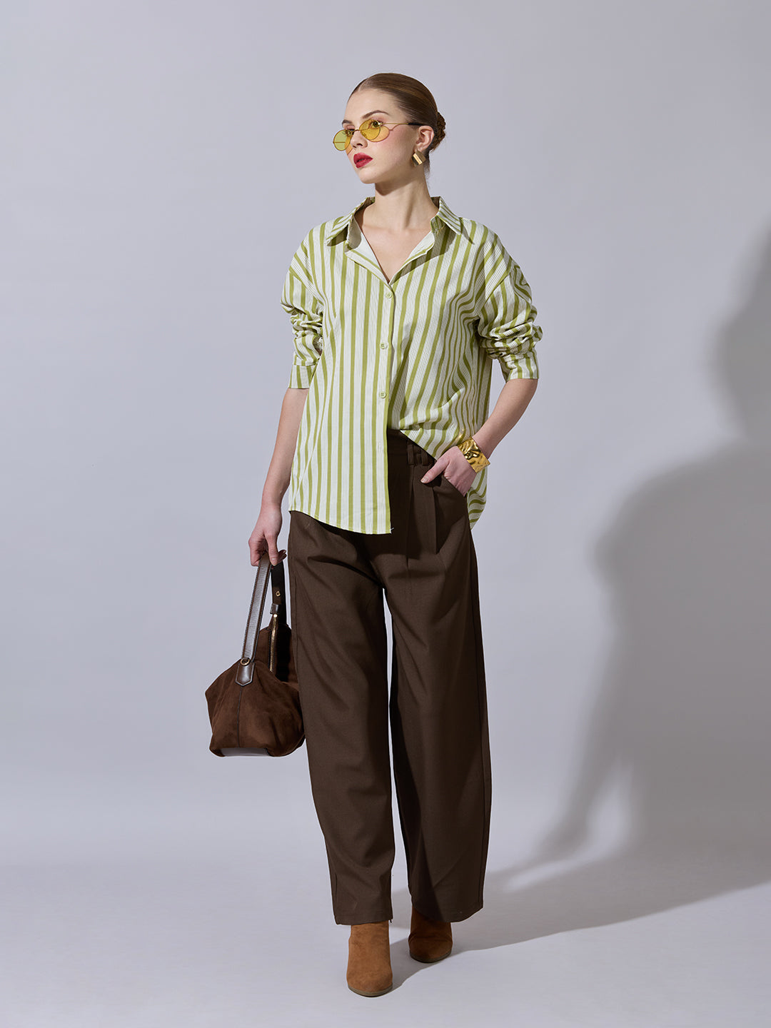 Women's Striped Green Button-Down Shirt