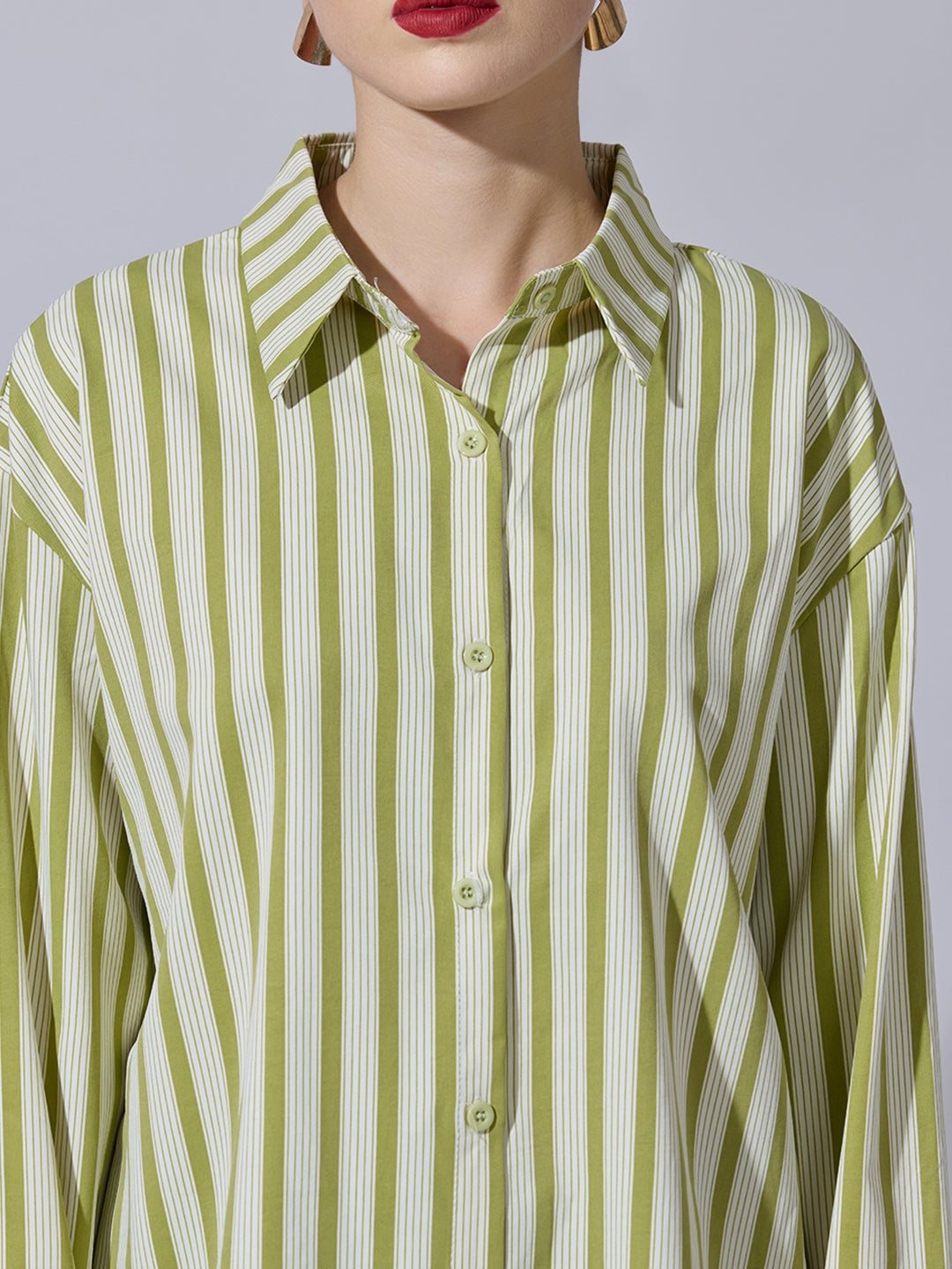 Women's Striped Green Button-Down Shirt
