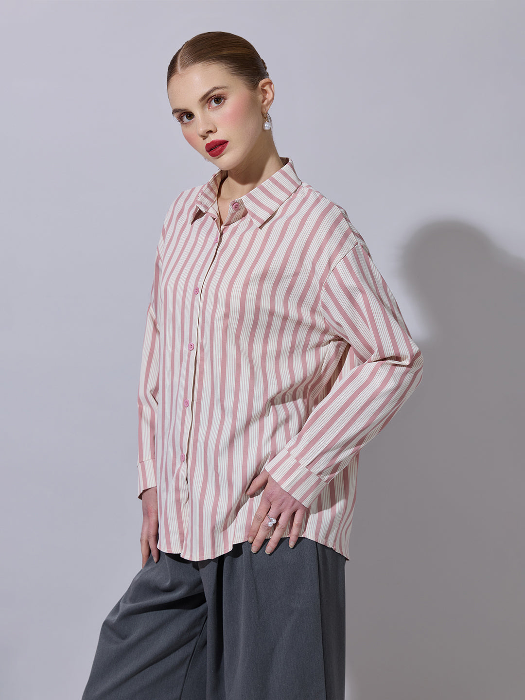 Women's Striped Pink Button-Down Shirt