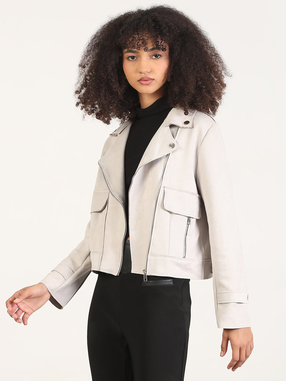 Women's Solid Grey Lapel Collar Tailored Jacket