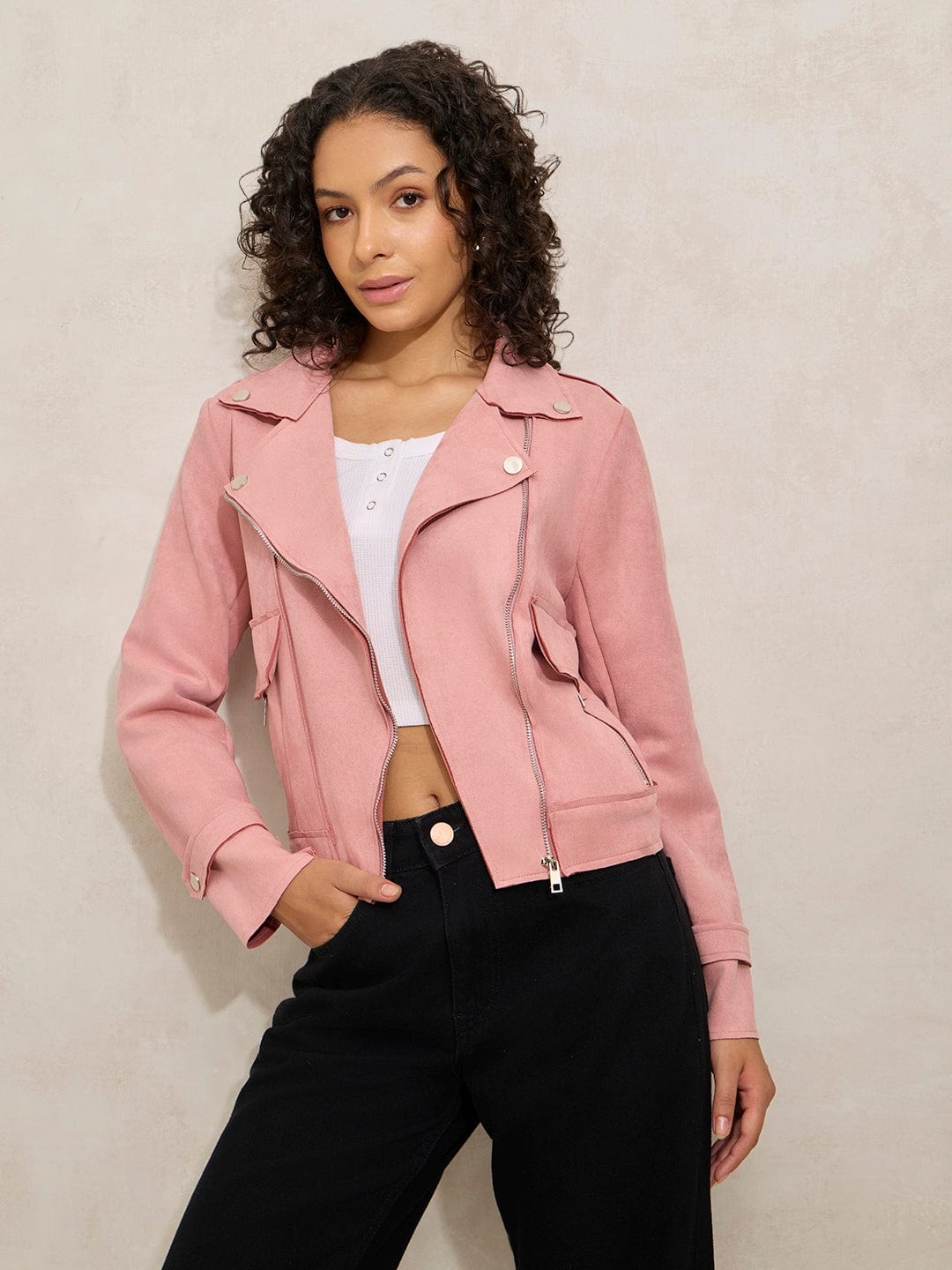 Women's Pink Asymmetric Zipper Jacket with Side Pocket