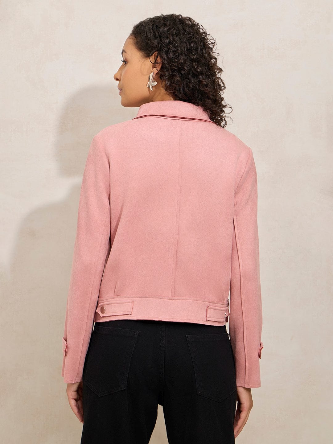Women's Pink Asymmetric Zipper Jacket with Side Pocket
