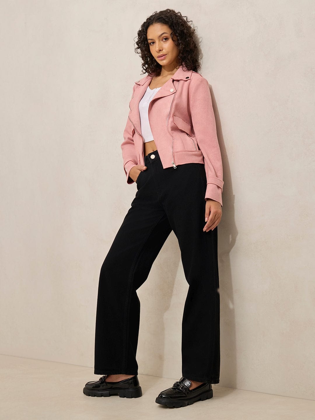 Women's Pink Asymmetric Zipper Jacket with Side Pocket
