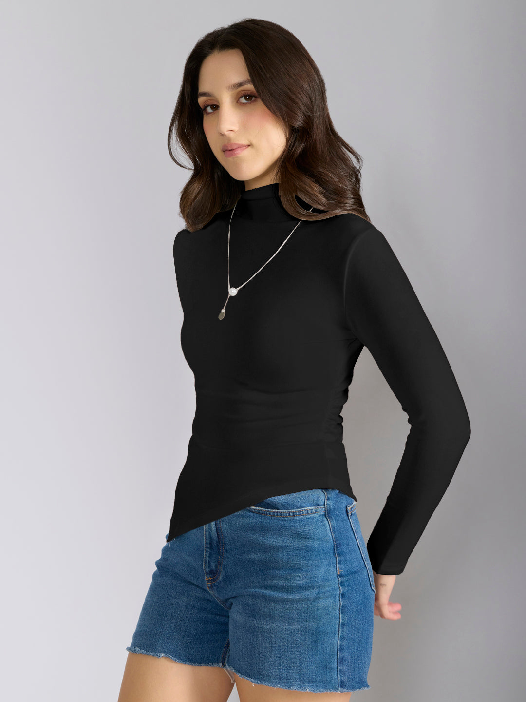 Women's Black Asymmetric Hem Top with Neck Chain
