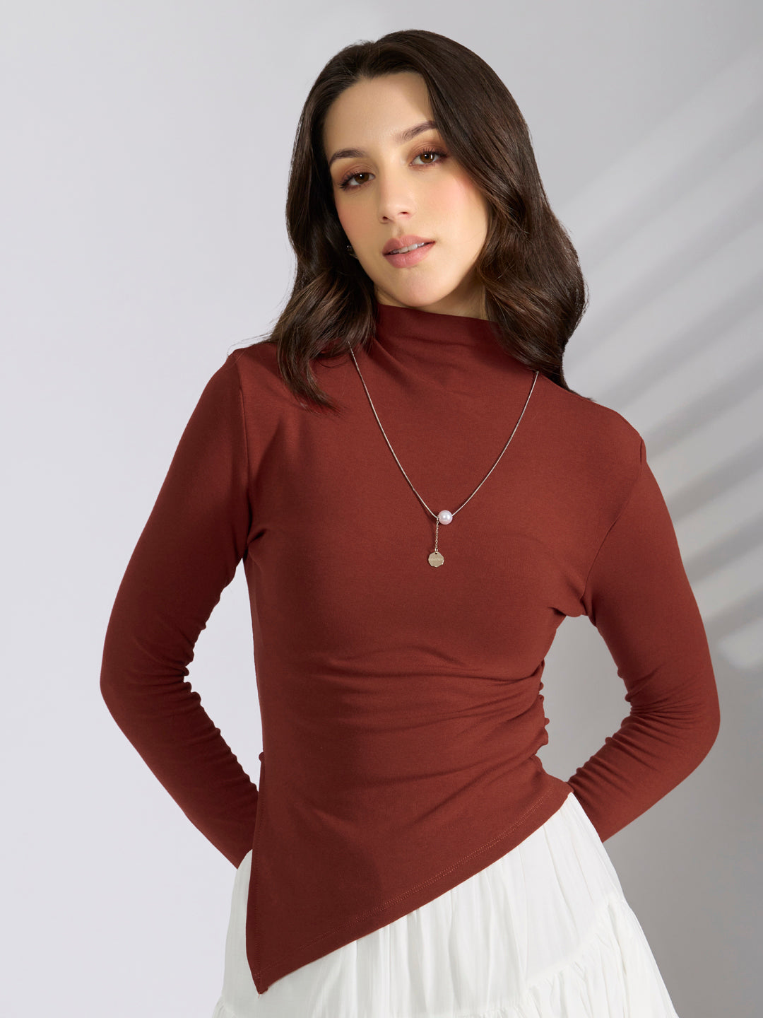 Women's Brown Asymmetric Hem Top with Neck Chain