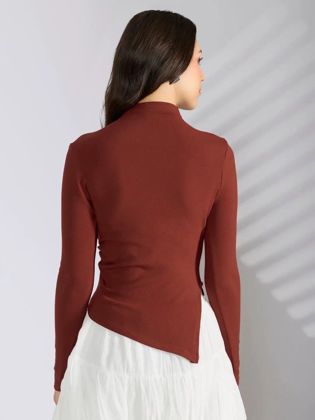 Women's Brown Asymmetric Hem Top with Neck Chain - from SHOWOFFFF