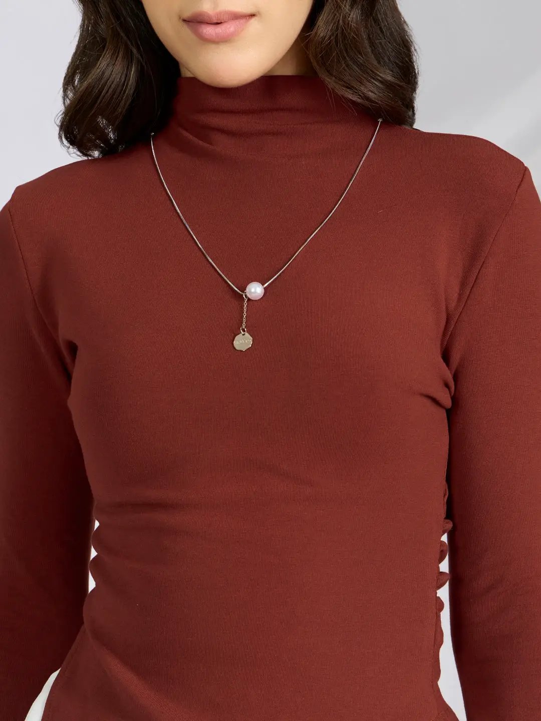 Women's Brown Asymmetric Hem Top with Neck Chain - from SHOWOFFFF