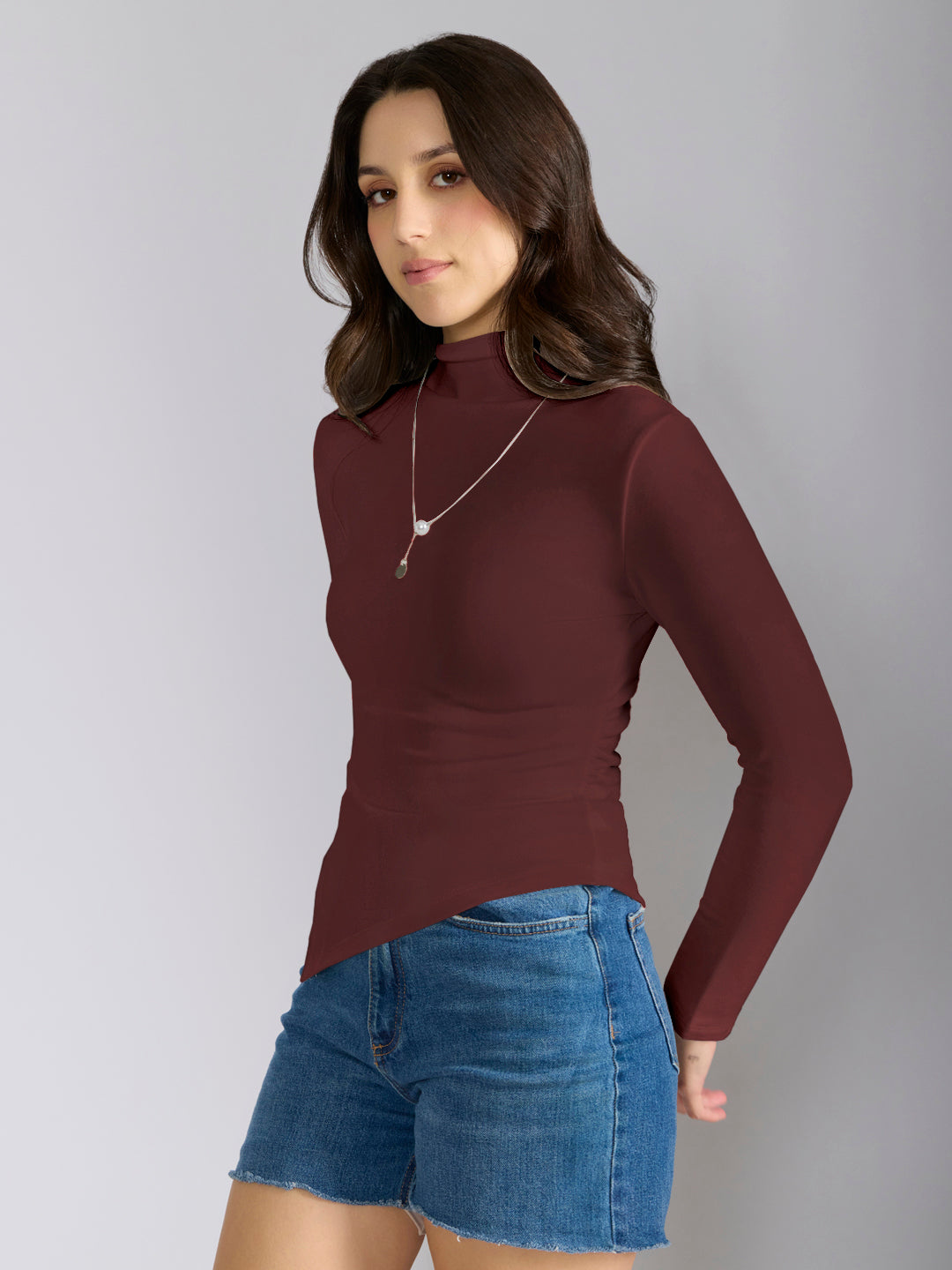 Women's Maroon Asymmetric Hem Top with Neck Chain