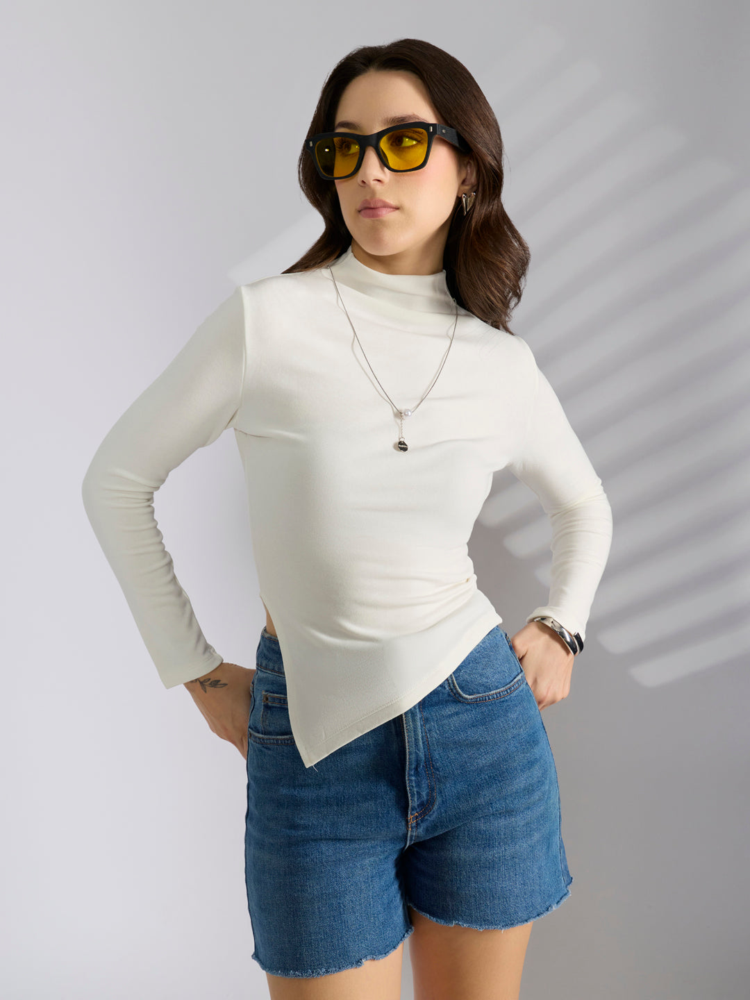 Women's White Asymmetric Hem Top with Neck Chain