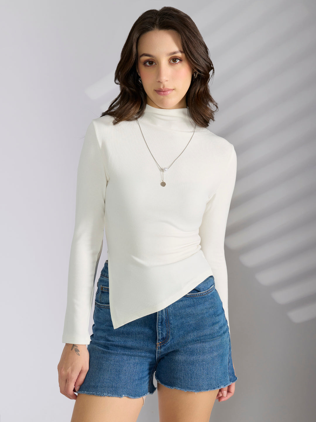 Women's White Asymmetric Hem Top with Neck Chain