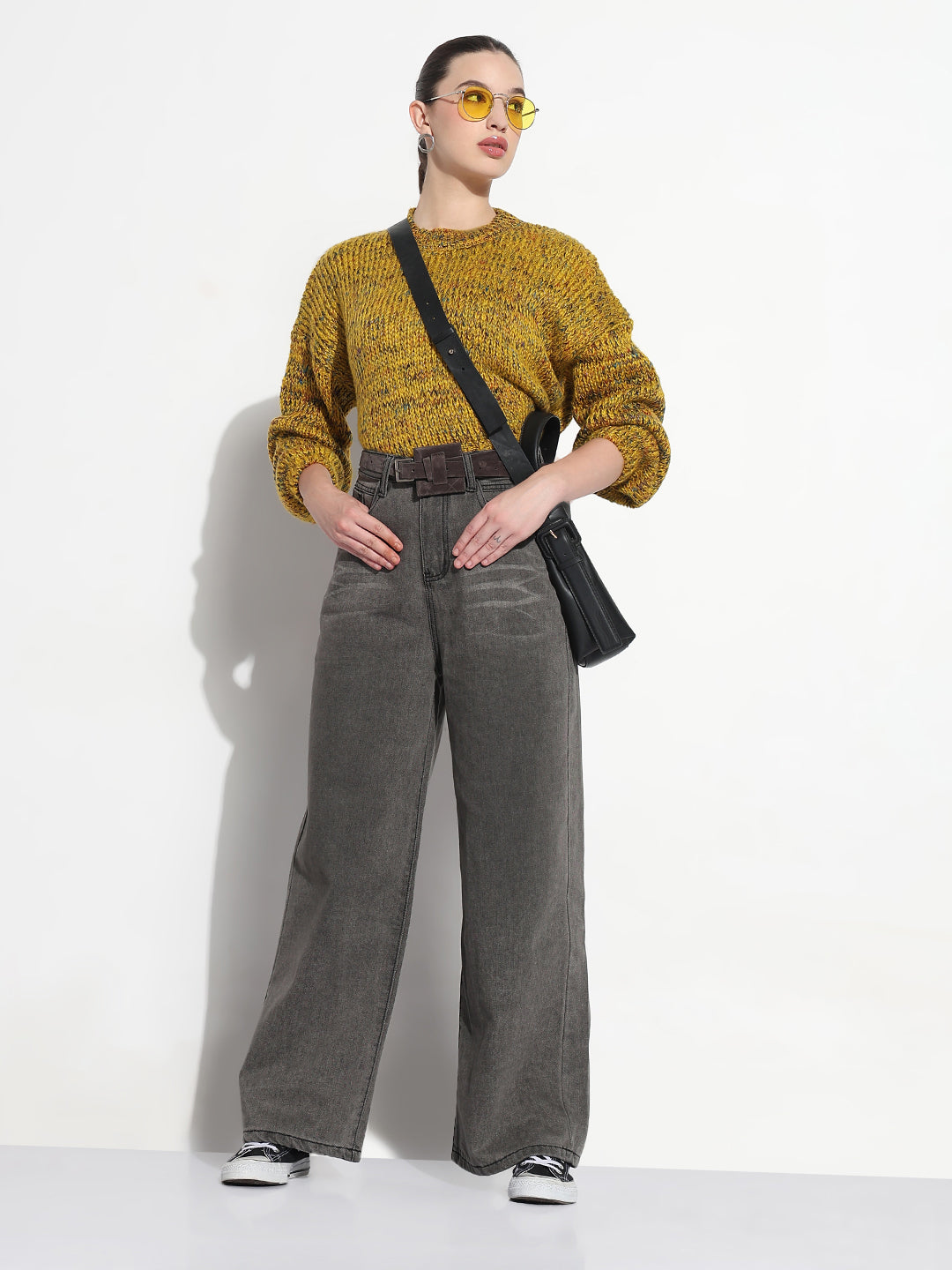 Women's Grey High Rise Baggy Jeans with Belt