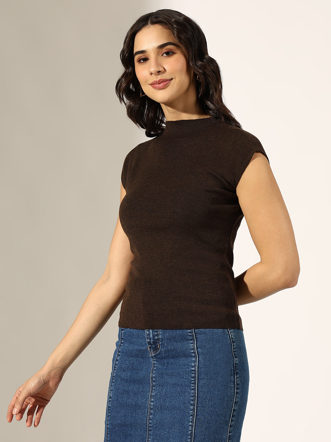 Women's Knitted Brown High Neck Cap Sleeve Top