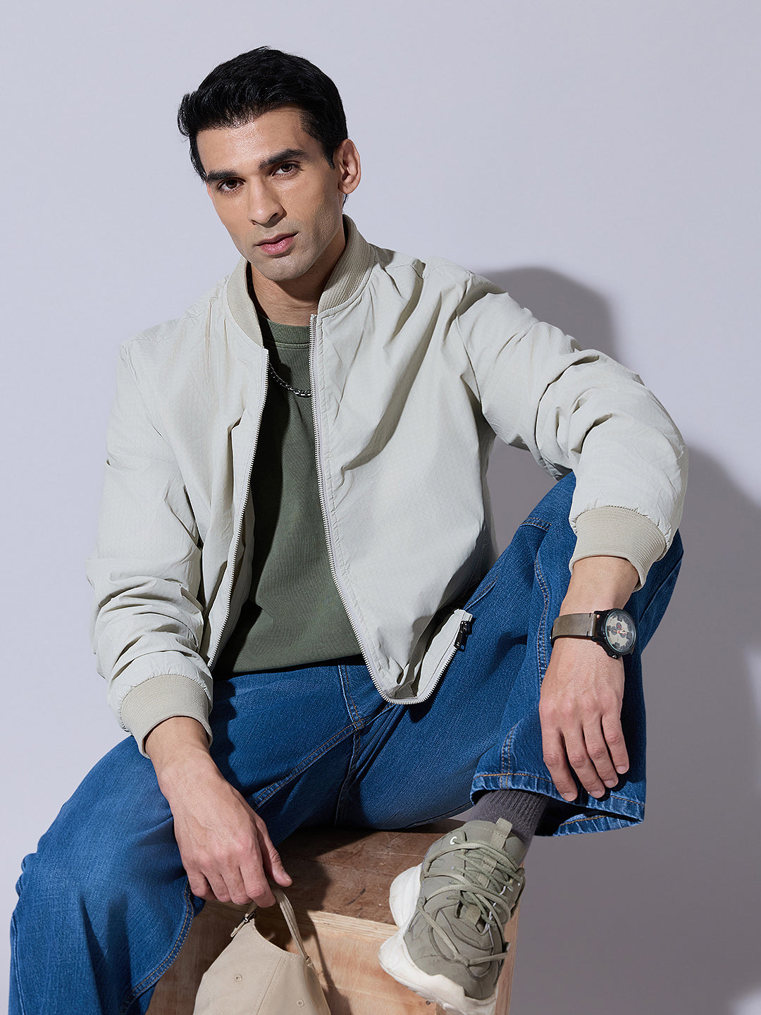 Men's Textured Cream Zip-Up Bomber Jacket