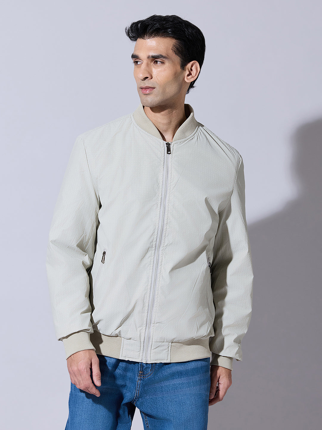 Men's Textured Cream Zip-Up Bomber Jacket