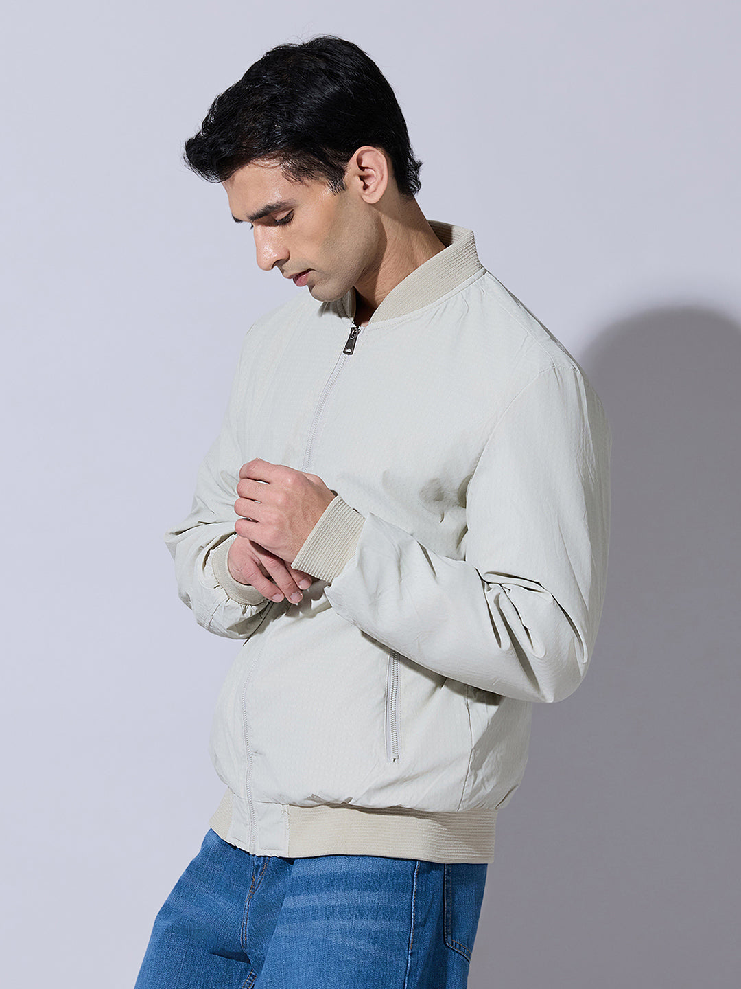 Men's Textured Cream Zip-Up Bomber Jacket