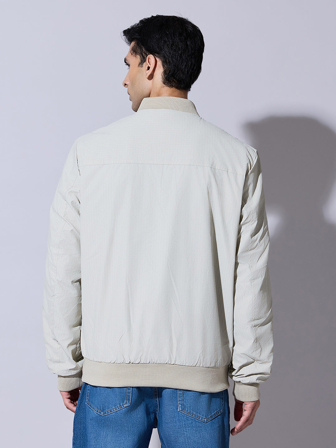 Men's Textured Cream Zip-Up Bomber Jacket