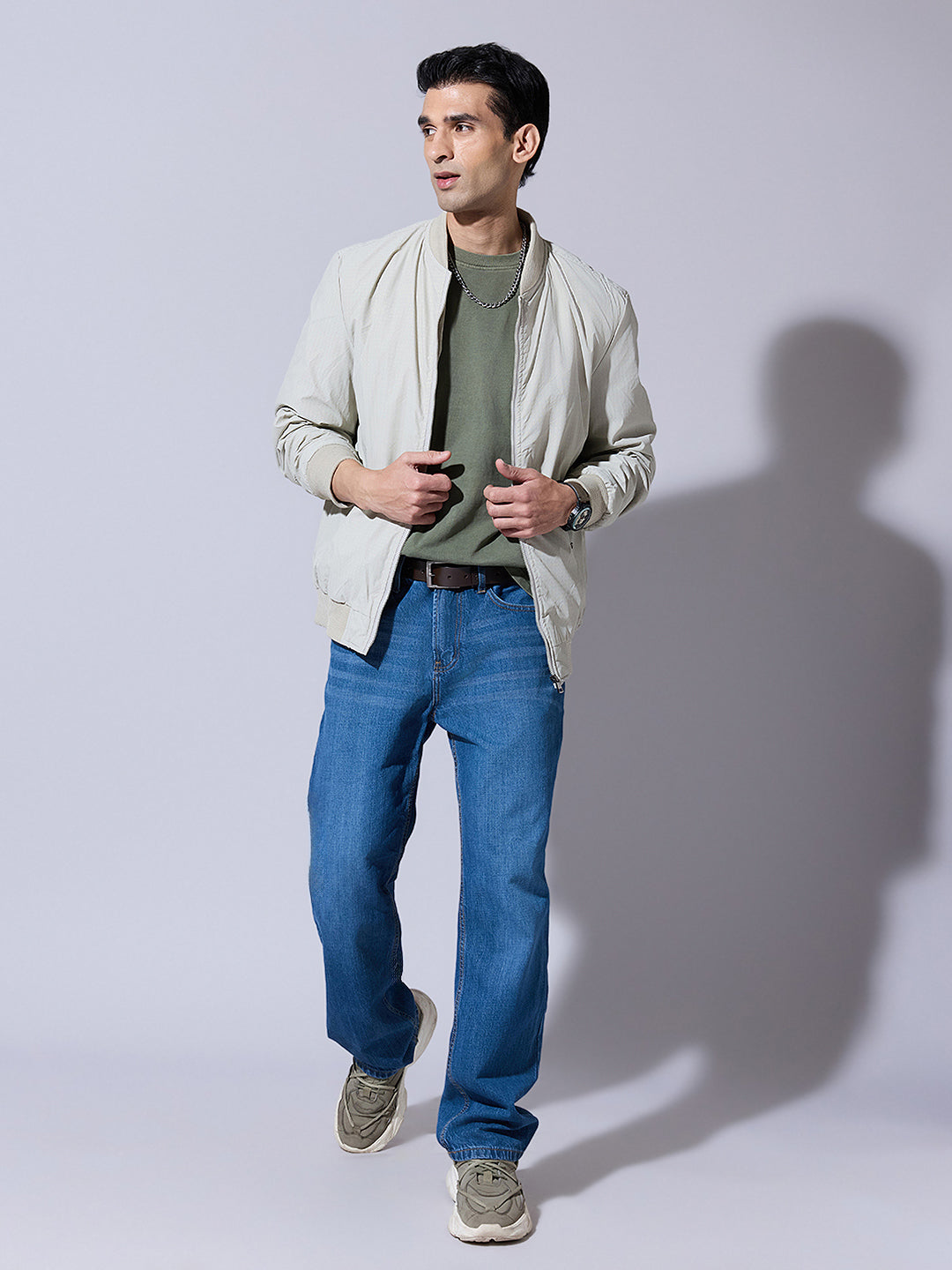 Men's Textured Cream Zip-Up Bomber Jacket