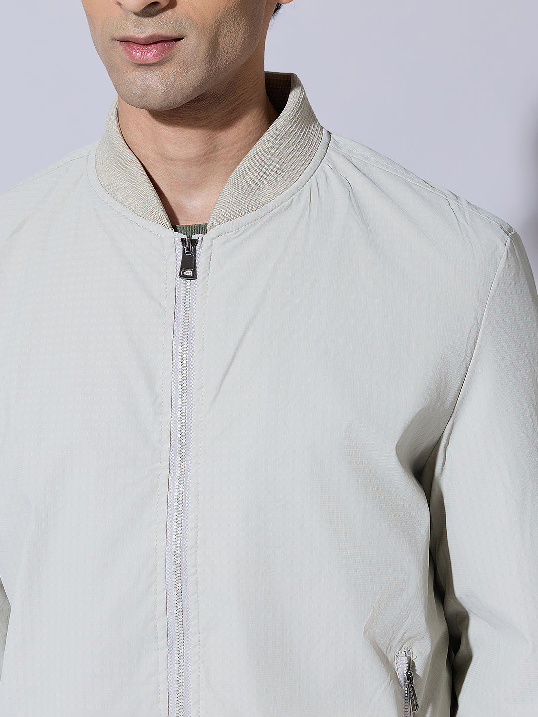 Men's Textured Cream Zip-Up Bomber Jacket