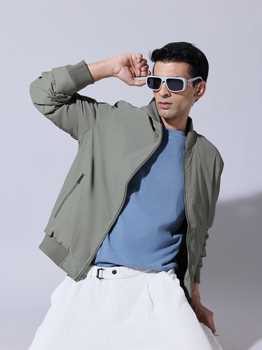 Men's Textured Olive Zip-Up Bomber Jacket