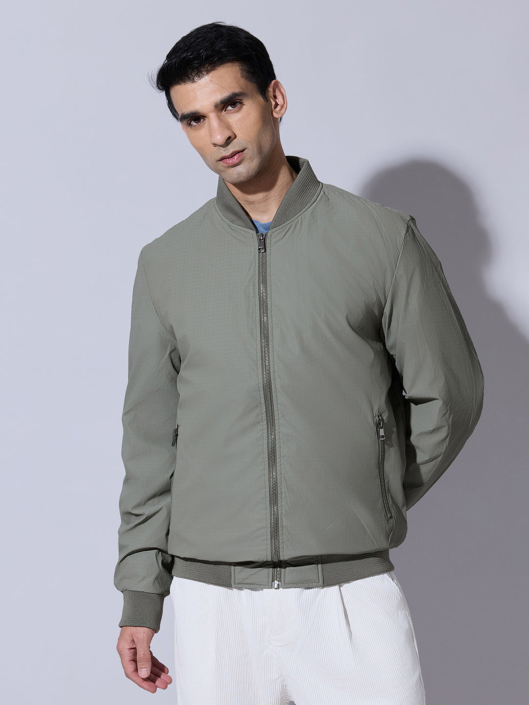 Men's Textured Olive Zip-Up Bomber Jacket