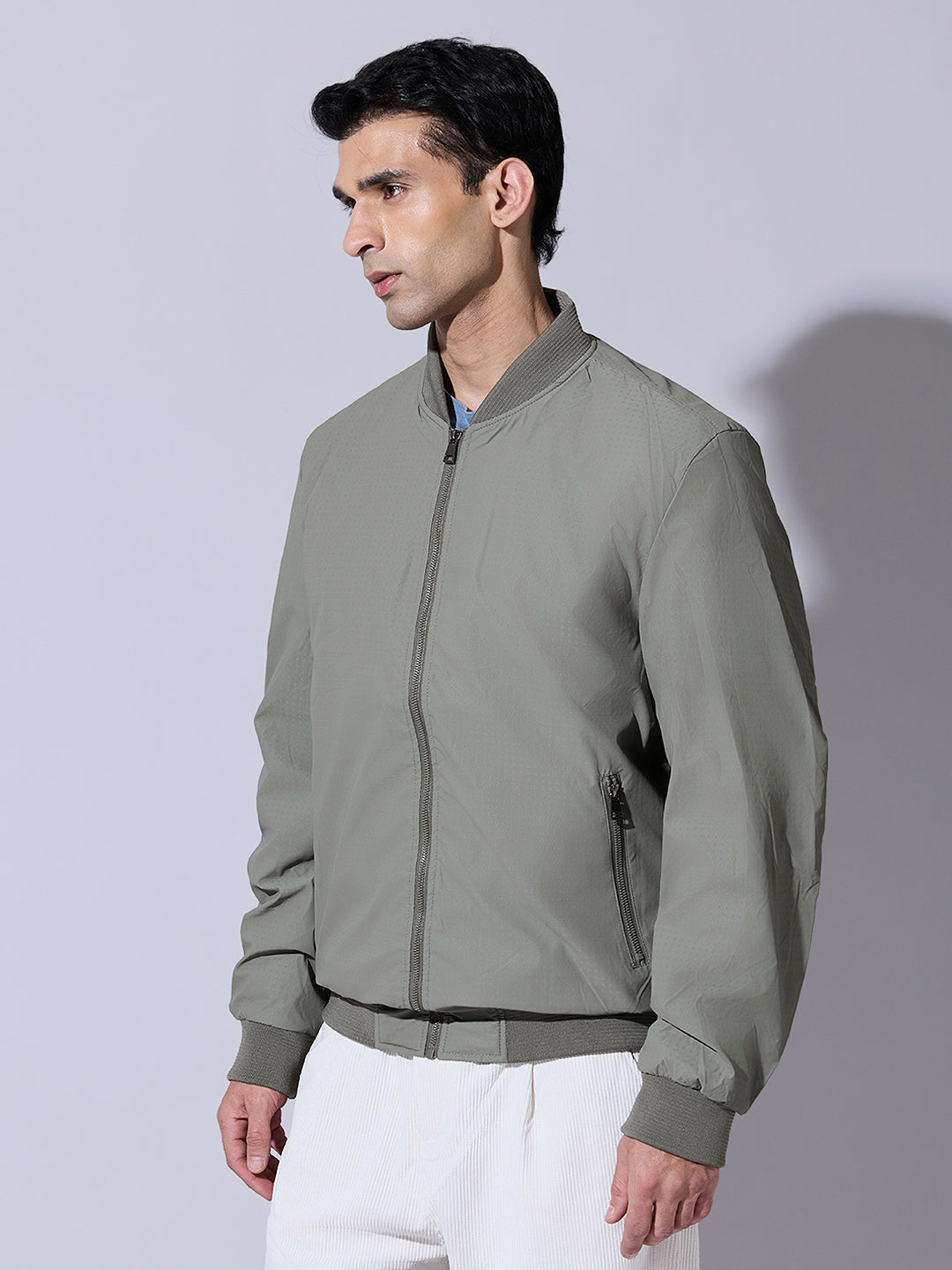 Men's Textured Olive Zip-Up Bomber Jacket