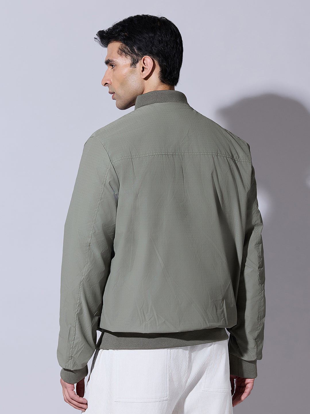 Men's Textured Olive Zip-Up Bomber Jacket