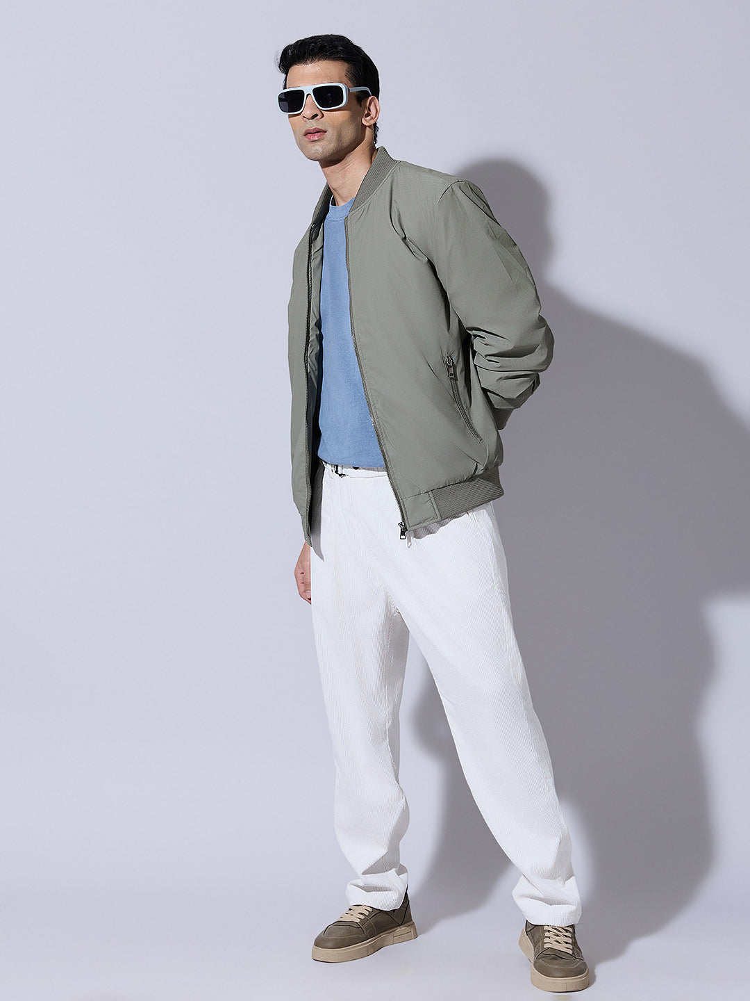 Men's Textured Olive Zip-Up Bomber Jacket