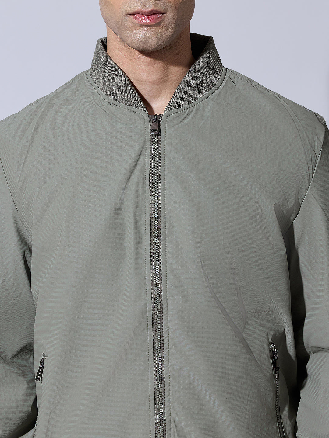 Men's Textured Olive Zip-Up Bomber Jacket