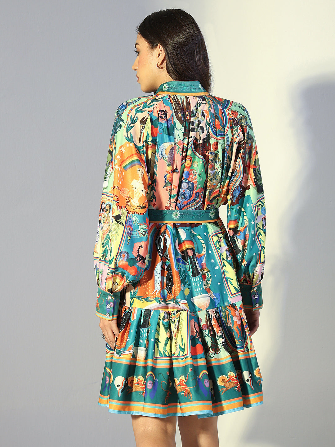 Women's Printed Green Ruffled Hem Shirt Dress with Belt