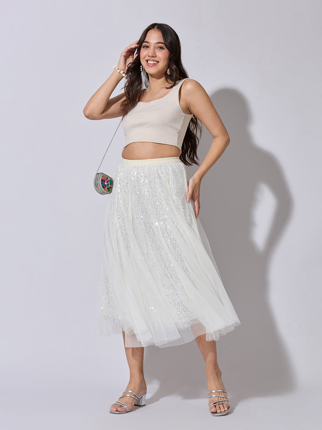 Women's Sequin Embellished Cream Net Skirt