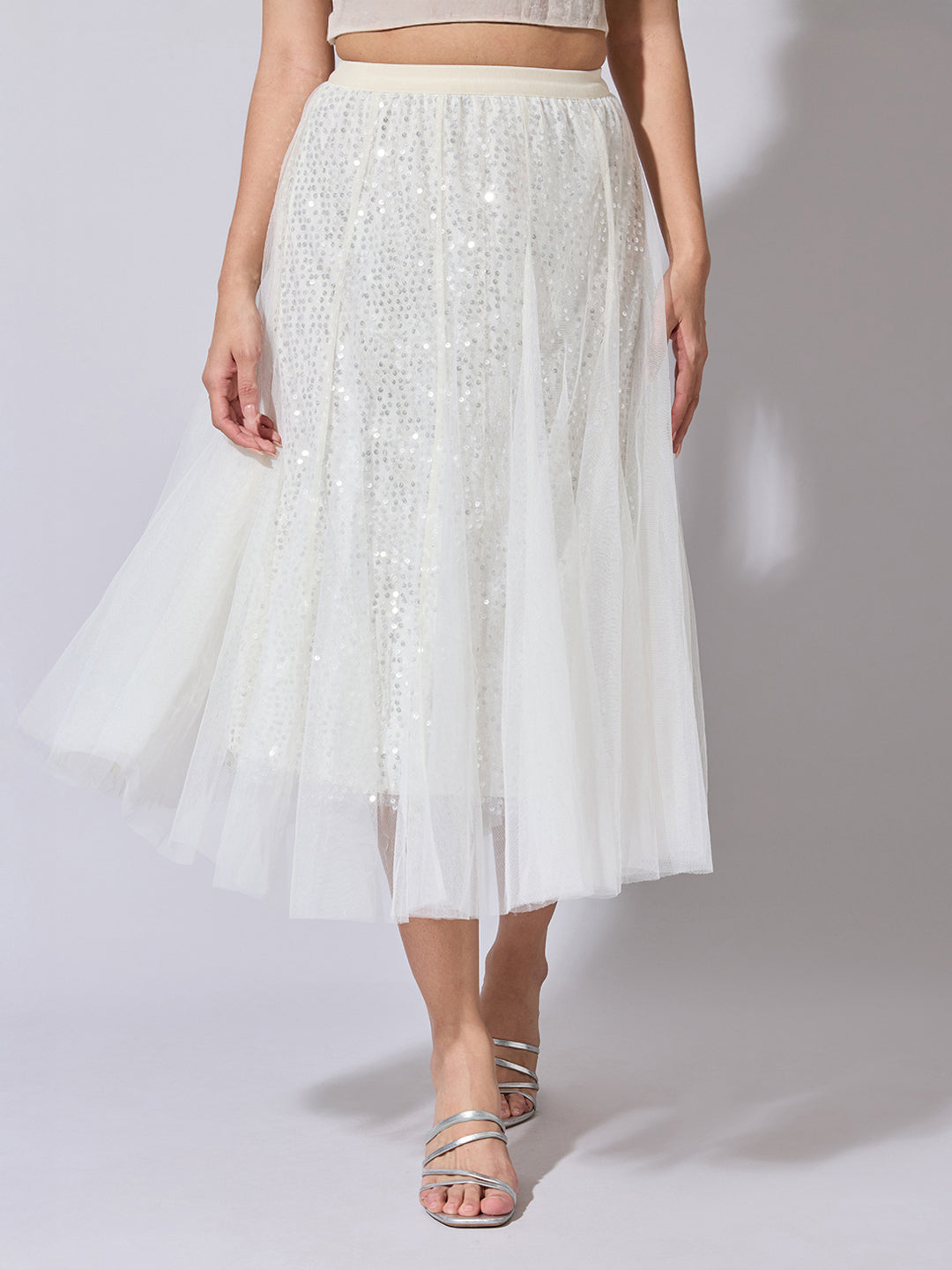 Women's Sequin Embellished Cream Net Skirt