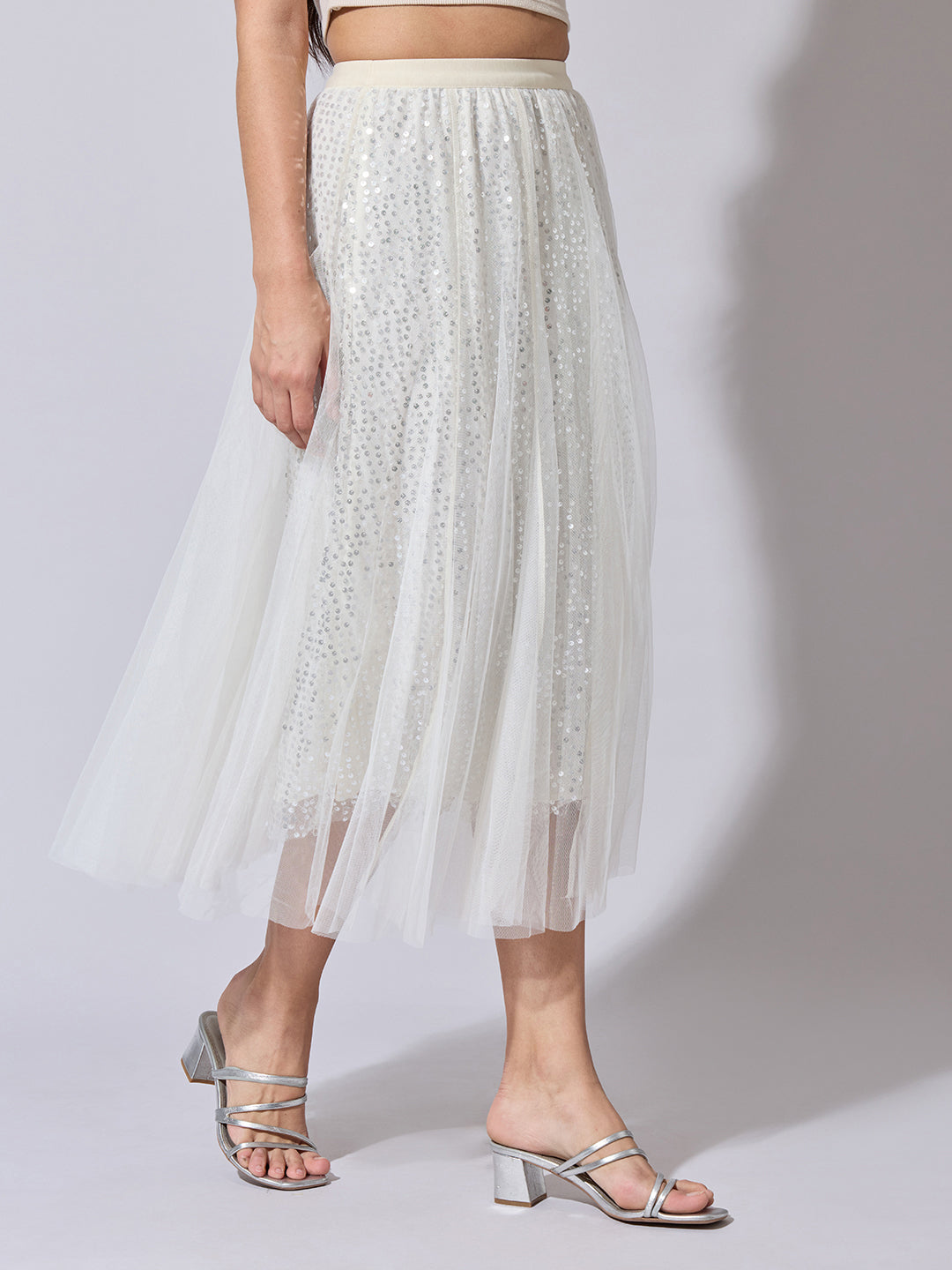 Women's Sequin Embellished Cream Net Skirt