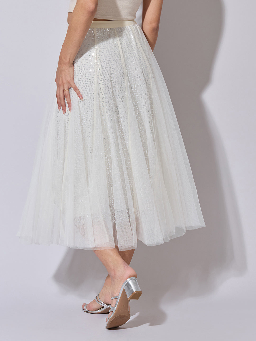 Women's Sequin Embellished Cream Net Skirt