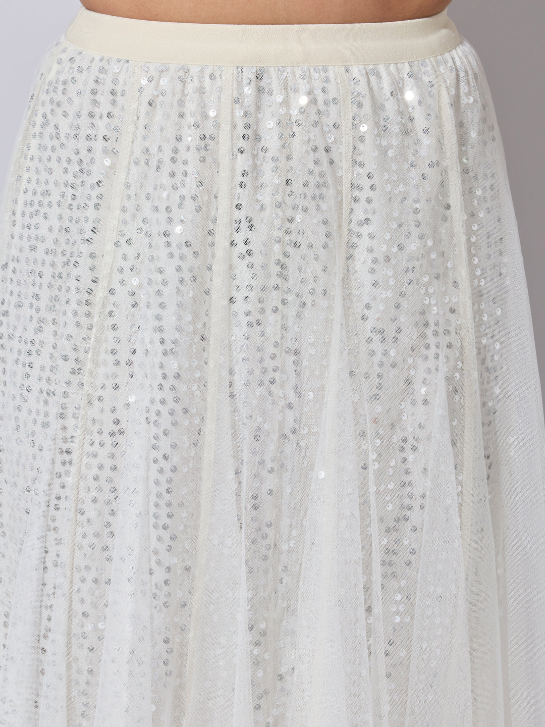 Women's Sequin Embellished Cream Net Skirt