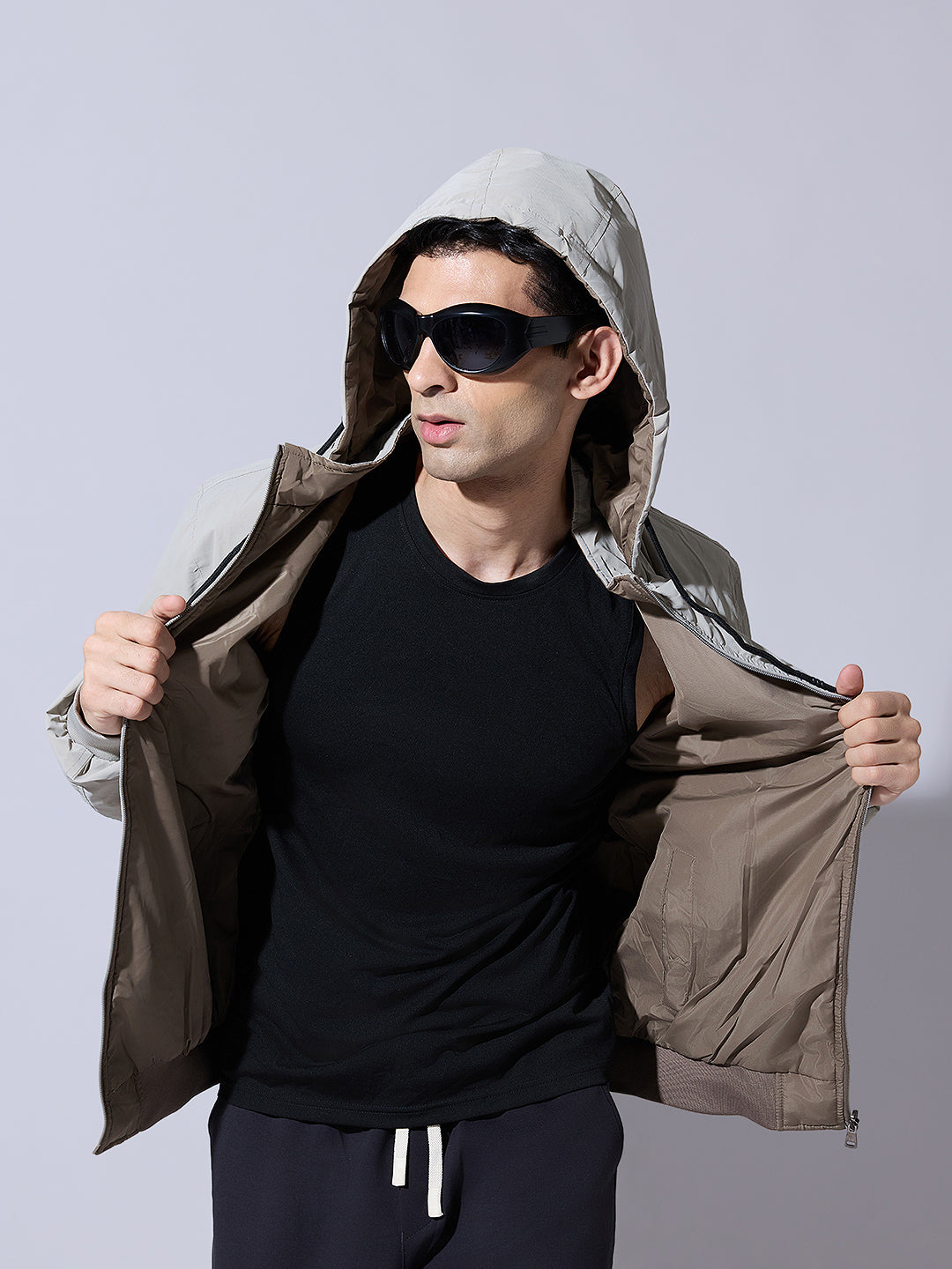 Men's Beige Zip-Up Reversible Jacket with Detachable Hood