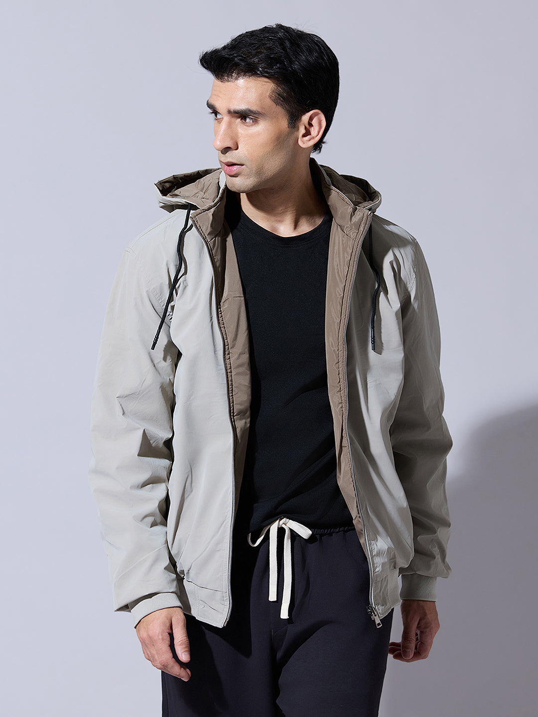Men's Beige Zip-Up Reversible Jacket with Detachable Hood