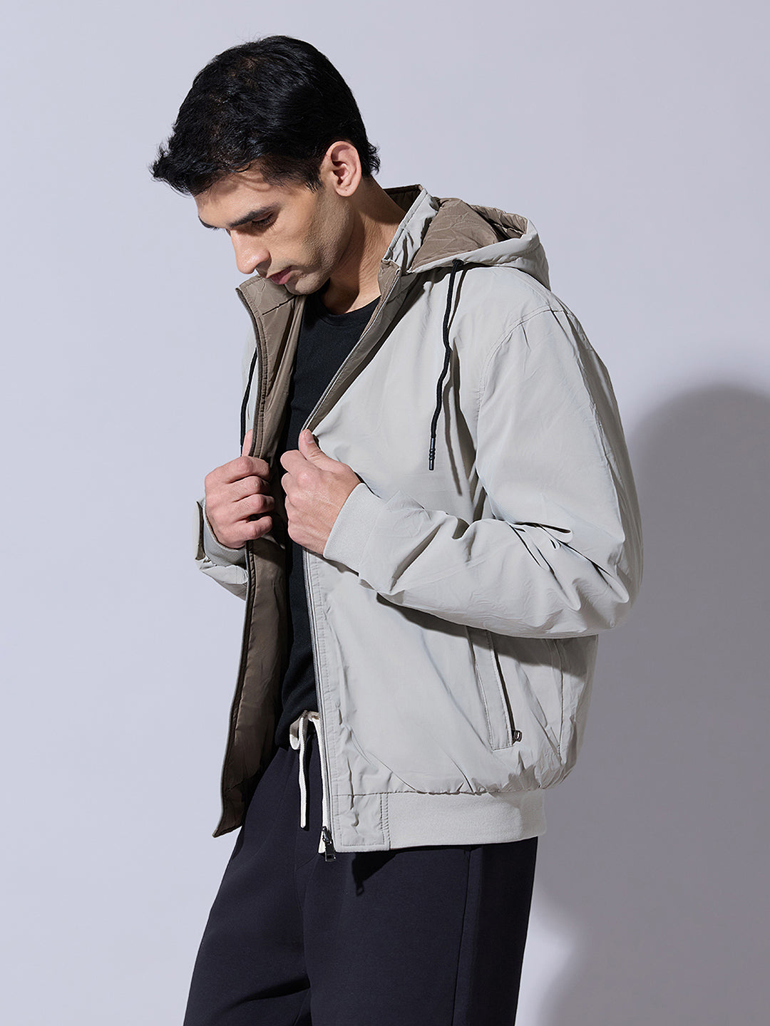 Men's Beige Zip-Up Reversible Jacket with Detachable Hood