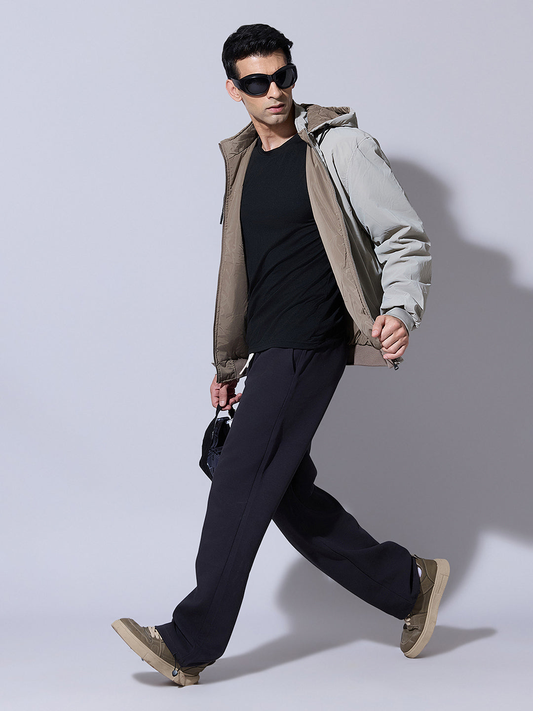 Men's Beige Zip-Up Reversible Jacket with Detachable Hood