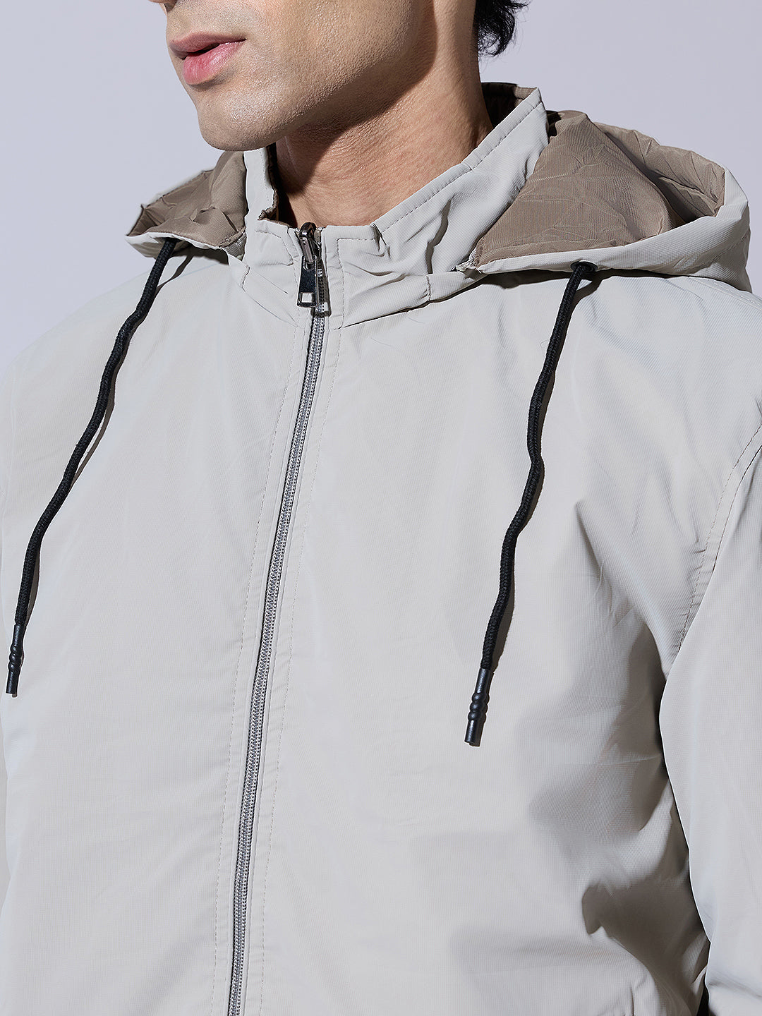Men's Beige Zip-Up Reversible Jacket with Detachable Hood