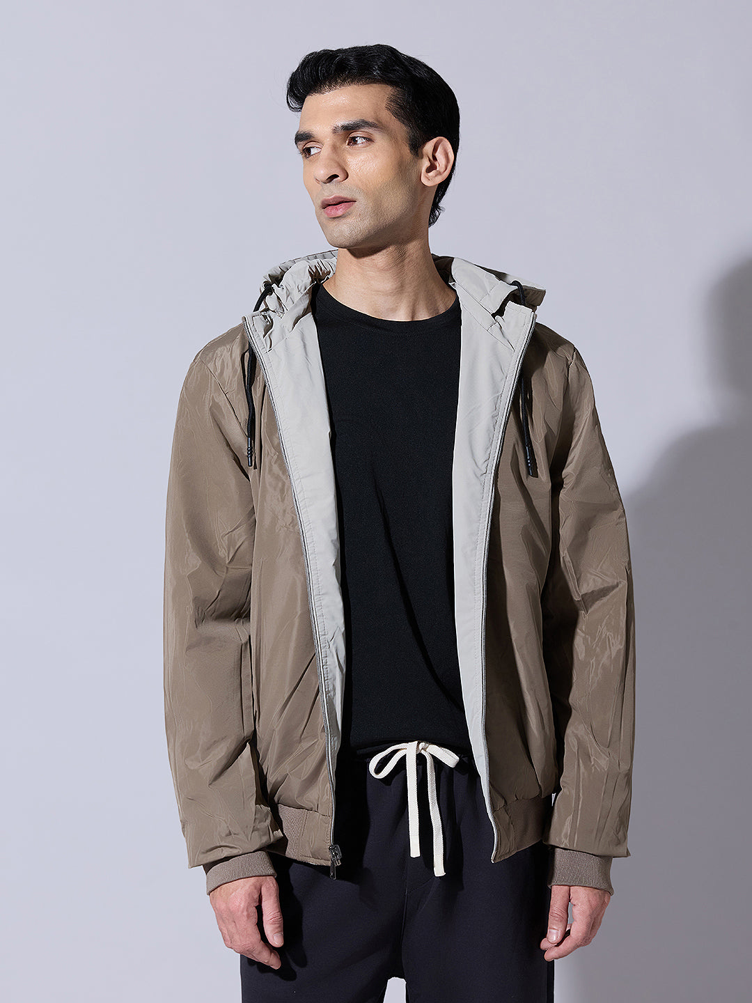 Men's Beige Zip-Up Reversible Jacket with Detachable Hood