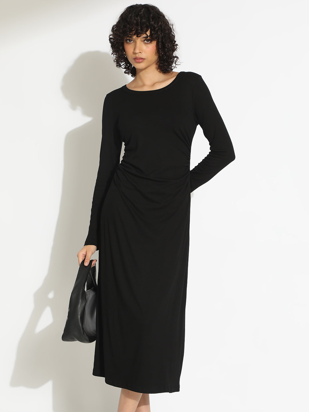 Women's Black Long Sleeve Midi Dress with Side Ruched Detailing
