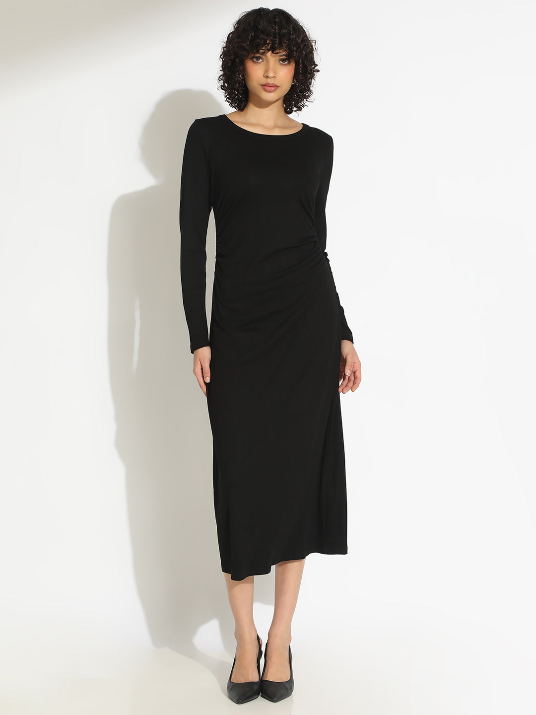 Women's Black Long Sleeve Midi Dress with Side Ruched Detailing